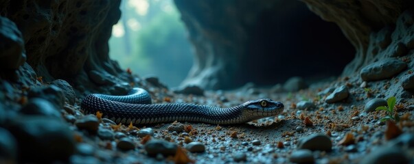 Obraz premium Dark cave with serpent slithering on the ground, serpent, ground, murky