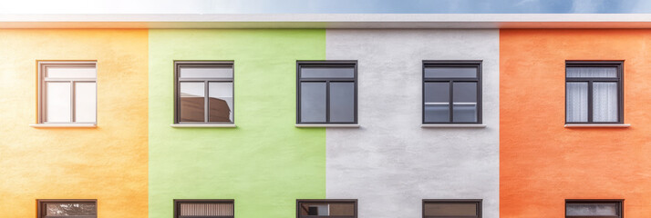 Obraz premium Colorful building facade with green white and orange sections in urban location