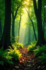 Dappled light filters through the trees, illuminating a carpet of fallen leaves and ferns, woods, nature