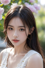 Fototapeta premium Young Asian woman in a lace dress in flower blossom garden, looking at the camera, soft lighting 