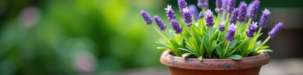 Dainty lavender sprigs in a weathered clay pot, garden, flowers, nature