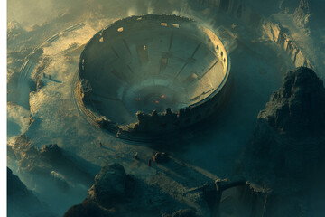 Ancient Arena: Sun-Drenched Ruins in a Desolate Landscape