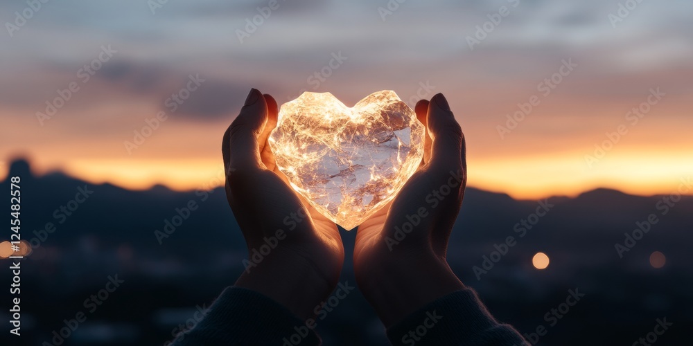 Poster illuminated heart in hands emotional visuals with warm textures and bokeh for marketing - inspiring 