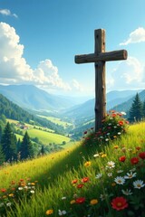 A tranquil landscape with a wooden cross in the distance, vastness, distant