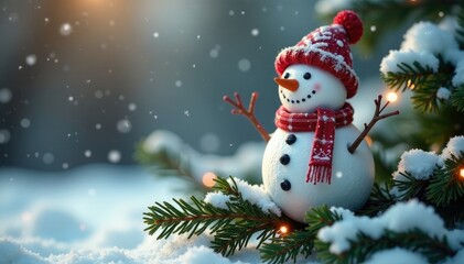 Fototapeta premium A snowman sits atop fir branches wrapped in festive ribbons, ribbon, branches, winter
