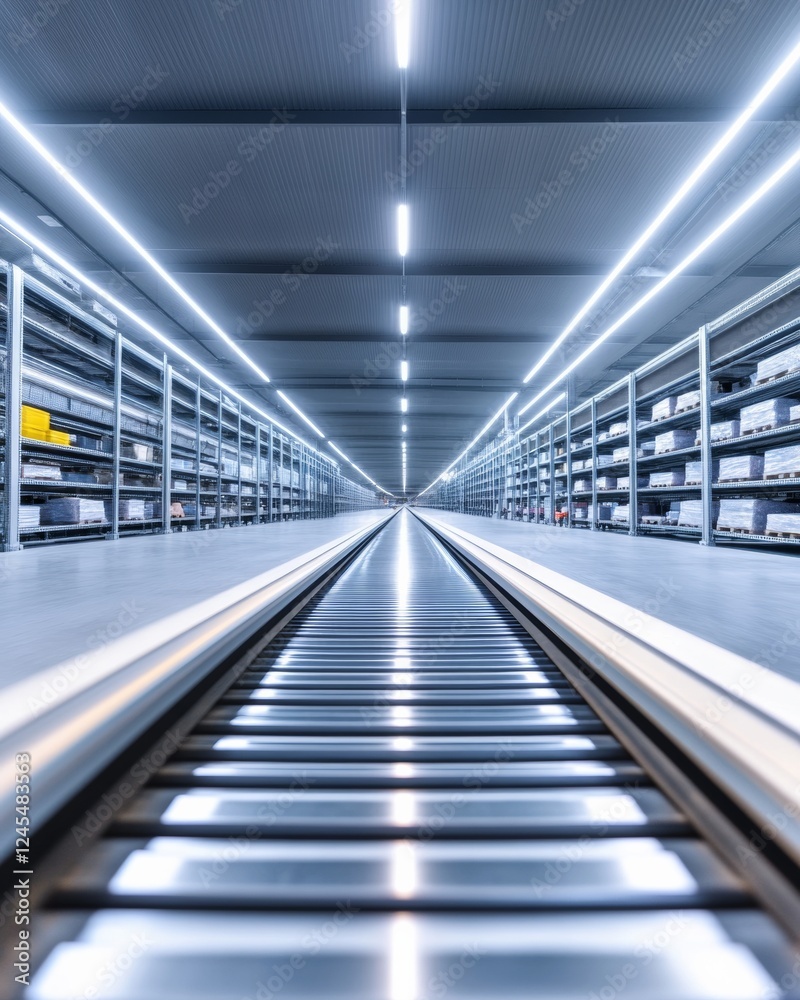 Poster futuristic automated fulfillment center aesthetic sleek steel shelving and robotic systems in e-comm
