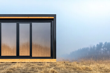 Fototapeta premium Modern cabin stands alone in foggy landscape with tall grass and trees in background