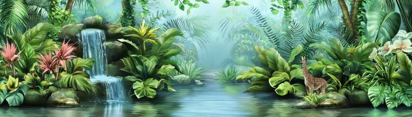 Obraz premium Tropical jungle waterfall, deer, plants, serene background. Website banner