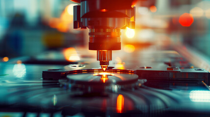 Close-up of precision machinery cutting metal in an industrial manufacturing environment