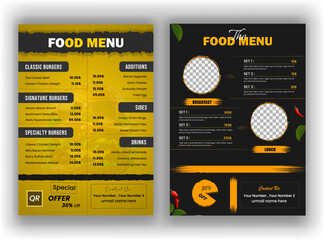 Restaurant Food Menu Template, Restaurant Cafe Menu, Pizza, Burger & Healthy Food Business promotion flyer with eye-catching design.