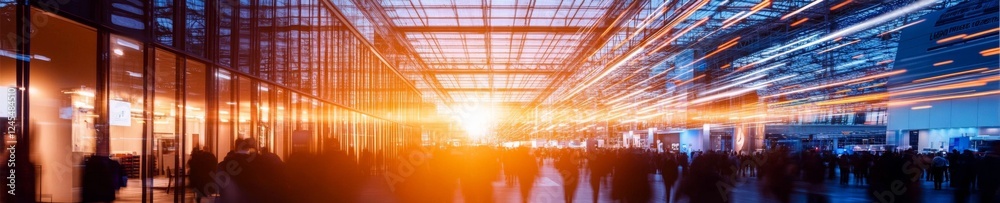 Poster modern networking hub transparent glass and steel exhibition hall with innovative booths - business 