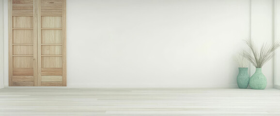 Fototapeta premium Minimalist interior design with wooden doors and decorative vases in a spacious room