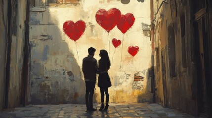 Romantic moment, couple with a big red heart in valentine - Valentine's Day Concept.