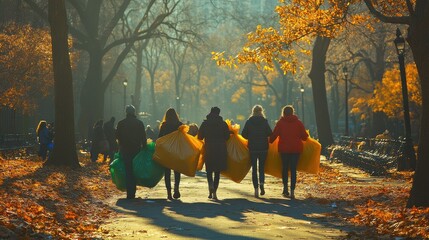 Full body shot of dedicated volunteers carrying large garbage bags after a successful park cleanup, highlighting community spirit in an autumn setting during Phase One project.