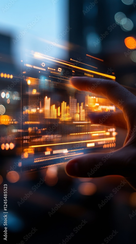 Poster Holographic Financial Dashboard Interactive Projection with Futuristic Graphs in Urban Workspace Enhancing Fintech Solutions and Modern Business Strategy