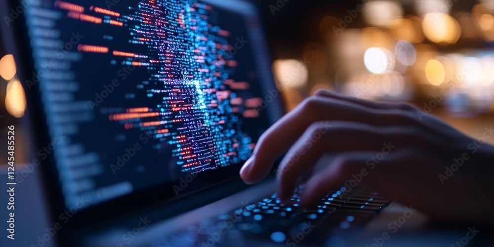 Poster Futuristic Coding Aesthetic Data Streams on Sleek Laptop in Low-Light Workspace - Tech Innovation for Modern Business Productivity and Digital Transformation