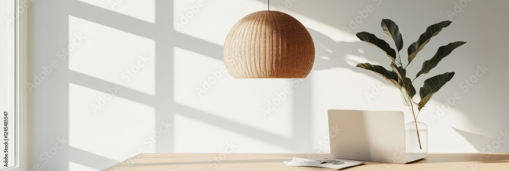 Poster minimalist workspace design sunlit office with laptop and natural decor optimized for tech innovatio