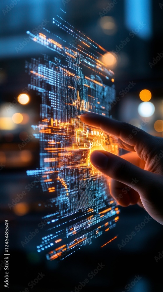 Poster Holographic Financial Interface Interactive Virtual Projection in Futuristic Workspace - Advanced Banking Technology for Business Innovation and Digital Transformation