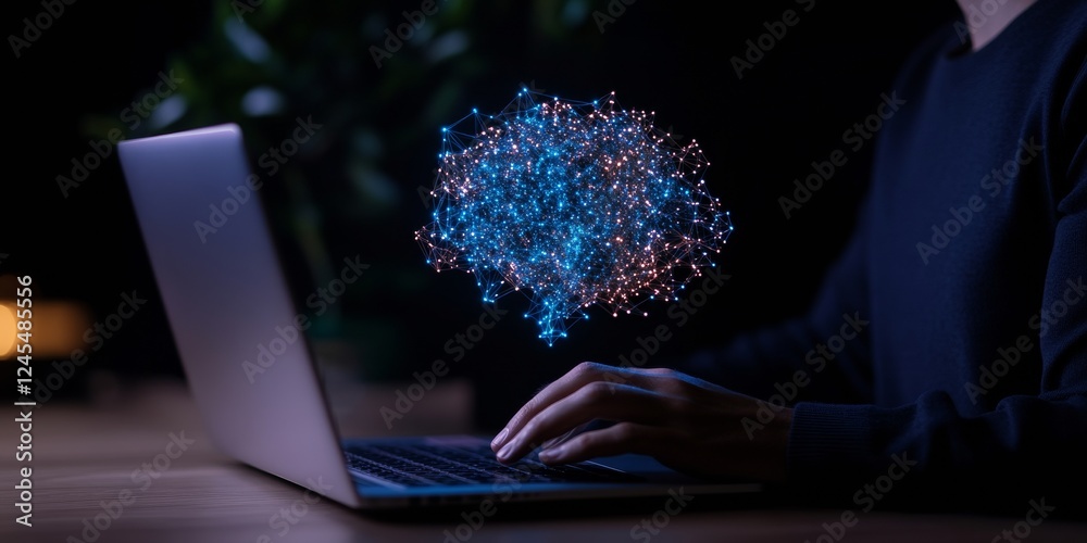 Poster Futuristic Holographic Interface Digital Brain Projection Over Sleek Laptop - Innovative AI Workspace Design for Cutting-Edge Business Solutions and Tech Integration