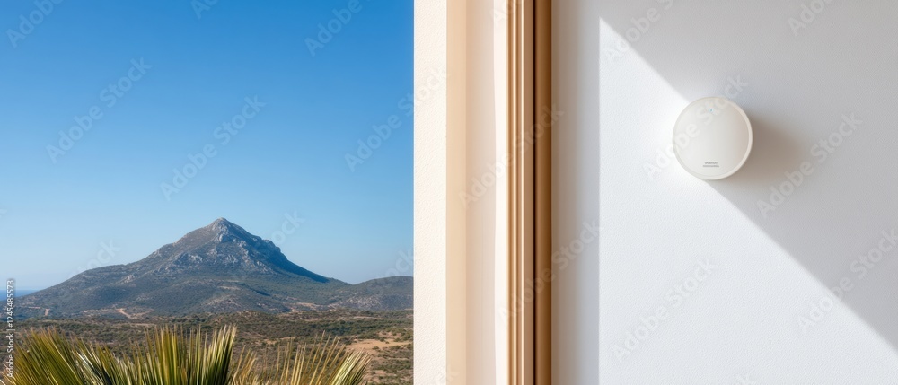 Poster minimalist smart climate control interface on textured white wall with panoramic mountain view - mod