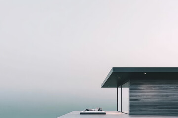 Modern minimalist house overlooking calm water in early morning fog