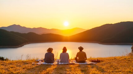 Mindful Lakeside Retreat Friends Sharing Stories on Picnic Blankets at Sunset - Nature-Centric Unplugged Experience for Wellness Tourism and Community Building