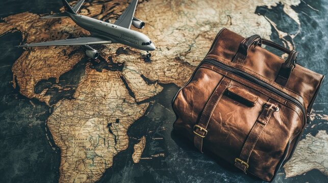 Travel planning leather bag, airplane model on world map