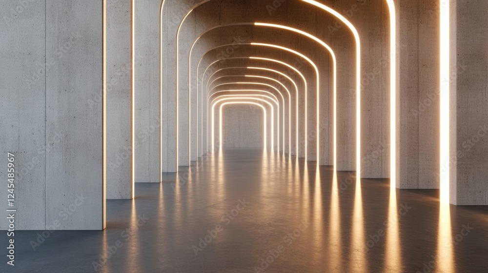 Leinwandbilder Contemporary Curved LED Archway in Concrete Corridor for Architectural Content - Modern Design Aesthetic in Smart Building Infrastructure and Tech-Driven Space Planning