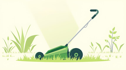 Fototapeta premium Modern Electric Lawn Mower in Green Garden Illustration - Minimalist Design for Eco-Friendly Garden Equipment Concept