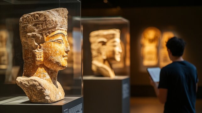 Cultural Heritage Immersion Glass Display Cases Showcasing Ancient Indian Sculptures for Modern Education and Tourism - Soft Lighting and Informative Panels Enhance Learning Experience