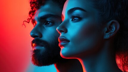 Obraz premium Close-up profile portrait of a young couple, illuminated with vibrant red and blue lighting.
