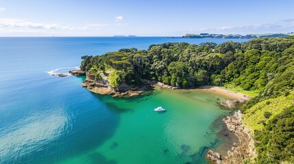 Fototapeta premium A captivating scenic coastal lagoon embraced by lush green cliffs and filled with crystal clear water. The lagoon presents a harmonious blend of natural beauty, with the verdant cliffs and transparent