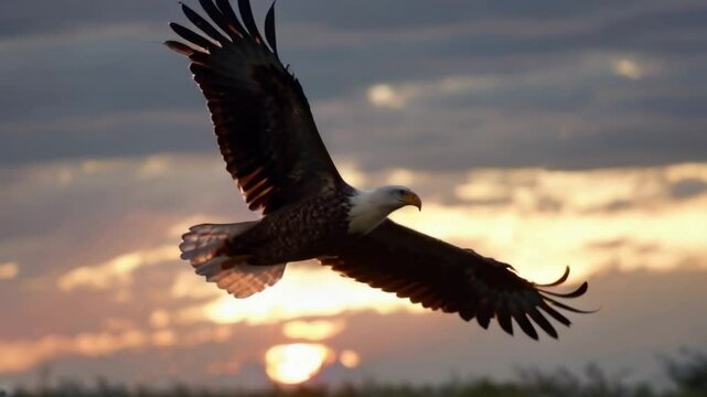 A large eagle is flying in the sky above a beautiful sunset. Concept of freedom and majesty, as the eagle soars through the air with grace and power. The warm colors of the sunset create a serene