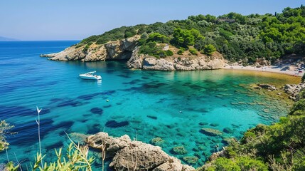 Fototapeta premium A captivating scenic coastal lagoon embraced by lush green cliffs and filled with crystal clear water. The lagoon presents a harmonious blend of natural beauty, with the verdant cliffs and transparent