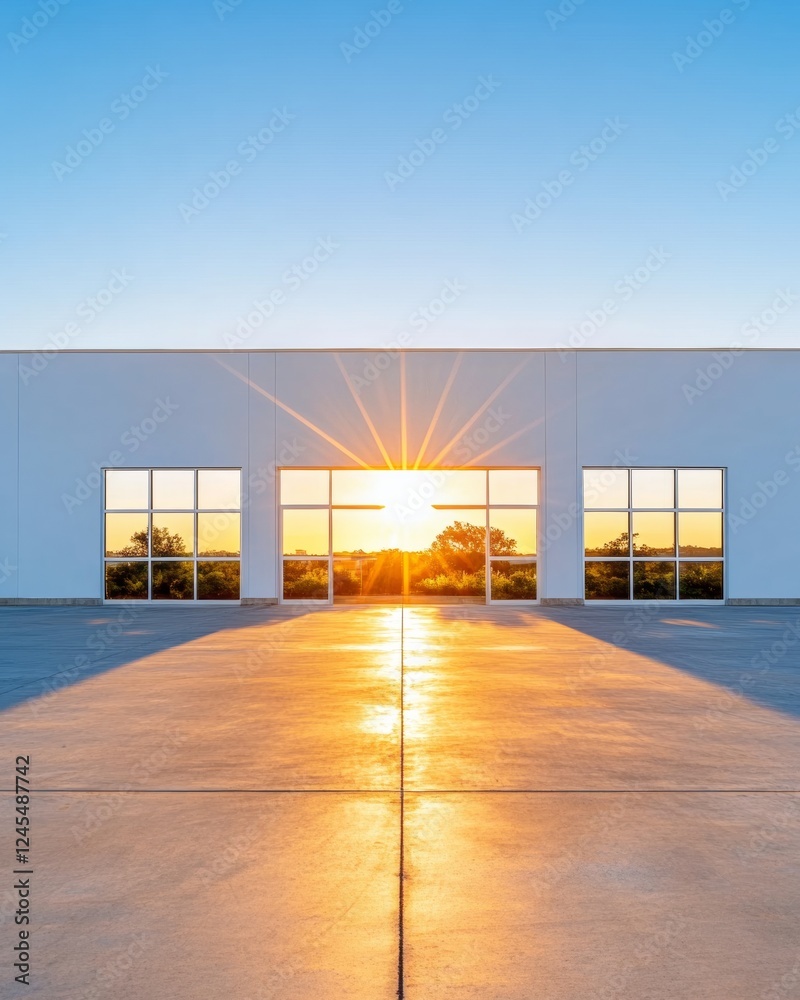 Poster modernist distribution hub concrete loading dock with bay doors and sunlit industrial aesthetic - fr
