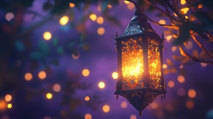 Ornate Ramadan Lantern with Mystical GlowDecorative Lantern with Candle and Bokeh Lights