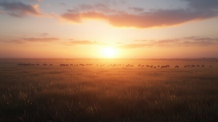 Fototapeta premium Majestic Herd of Horses Silhouetted Against a Vibrant Sunset Sky