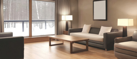 Fototapeta premium Cozy winter living room with large windows and modern furniture in a snow-covered landscape