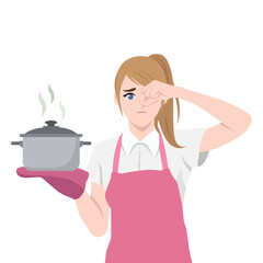 Woman wearing an apron holds a steaming pot with a displeased expression. Cooking Disaster. Flat vector character illustration