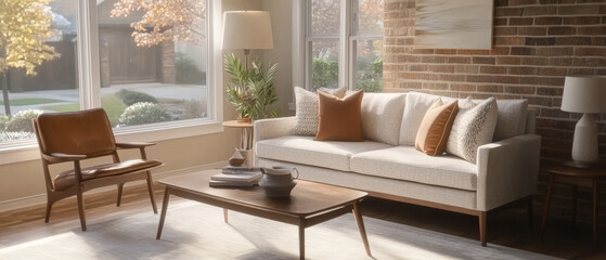 Cozy living room with natural light and modern decor in a suburban home