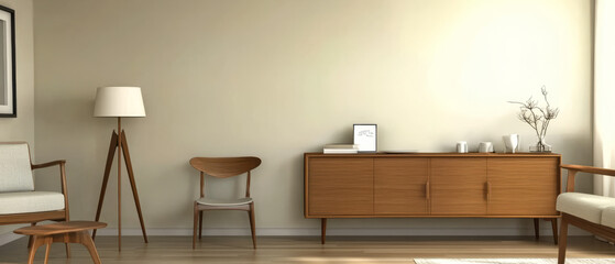 Stylish mid-century modern living room decor with wooden furniture and soft lighting