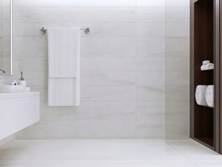 Obraz premium Modern bathroom with elegant design and clean lines featuring a towel rack and storage
