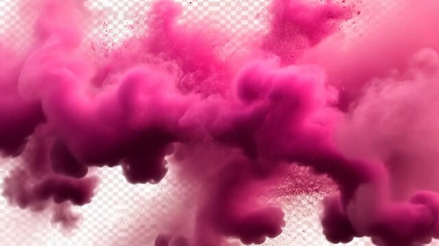 Dynamic transformation of billowing pink smoke particles across transparent background