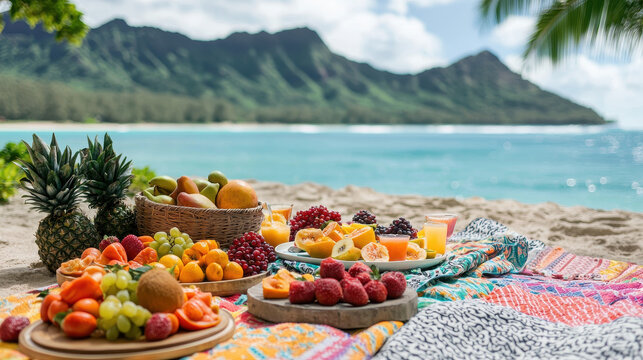 Colorful beach picnic with fruits and blankets by sea