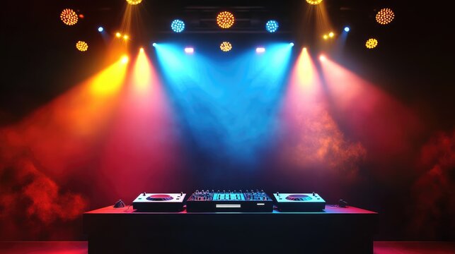 A DJ booth on a concert stage, surrounded by towering LED panels, dynamic lighting, and smoke effects.