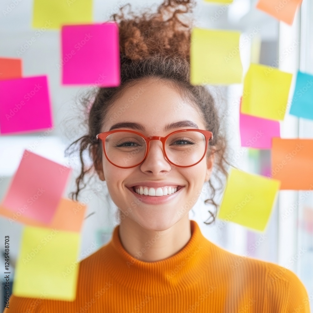 Poster vibrant co-working vibes cheerful coworker in modern office with colorful sticky notes - promoting w