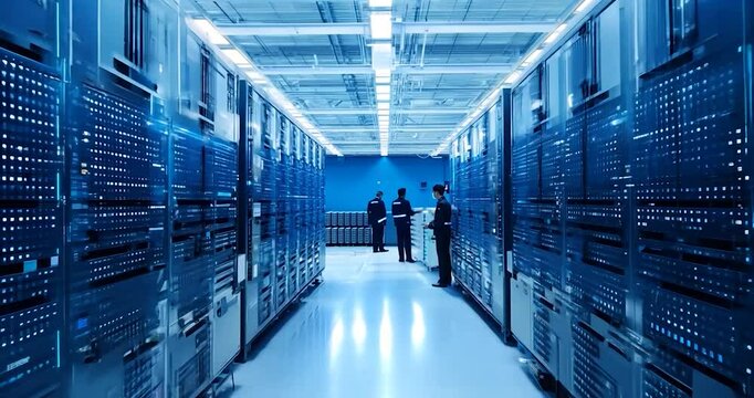 IT Professionals Working in Modern Data Center with Rows of Server Racks

