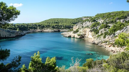 A captivating scenic coastal lagoon embraced by lush green cliffs and filled with crystal clear water. The lagoon presents a harmonious blend of natural beauty, with the verdant cliffs and transparent