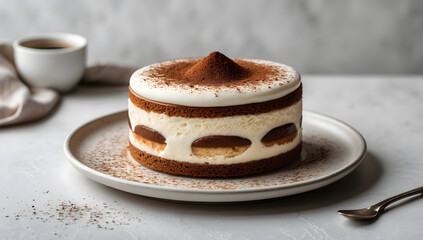 Tiramisu cake on white plate with cocoa powder. Perfect for food blogs, restaurant menus, dessert recipes, and promotional materials