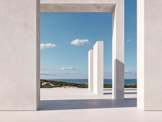 Minimalist Coastal Architecture Sunlit Concrete Pillars Framing Ocean View - Contemporary Design Content and Creative Real Estate Presentation